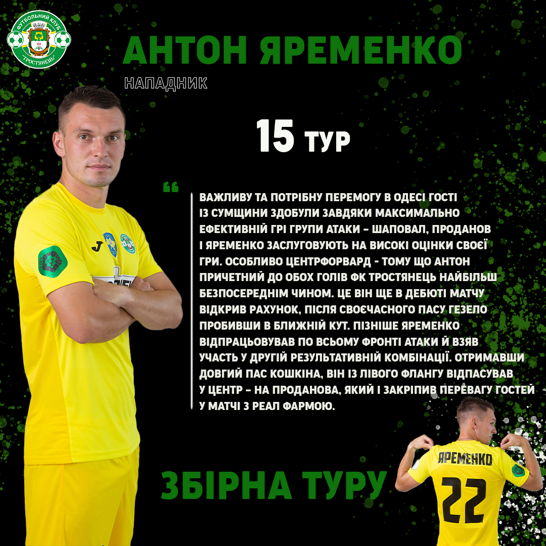 ✅Антон Яременко та Юрій Гезело – футболісти ФК «Тростянець» потрапляють до Збірної 15го туру за версією @sportarena_com