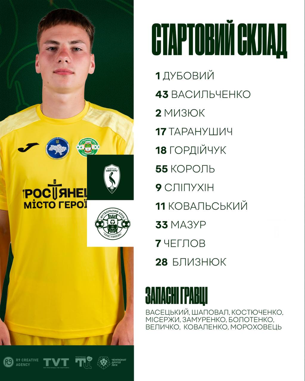 Стартовий склад команди на матч Лівий Берег – 2 – Тростянець